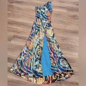 New! Mary L Couture Silk One Shoulder Metallic Detailed Fit and Flare Gown M